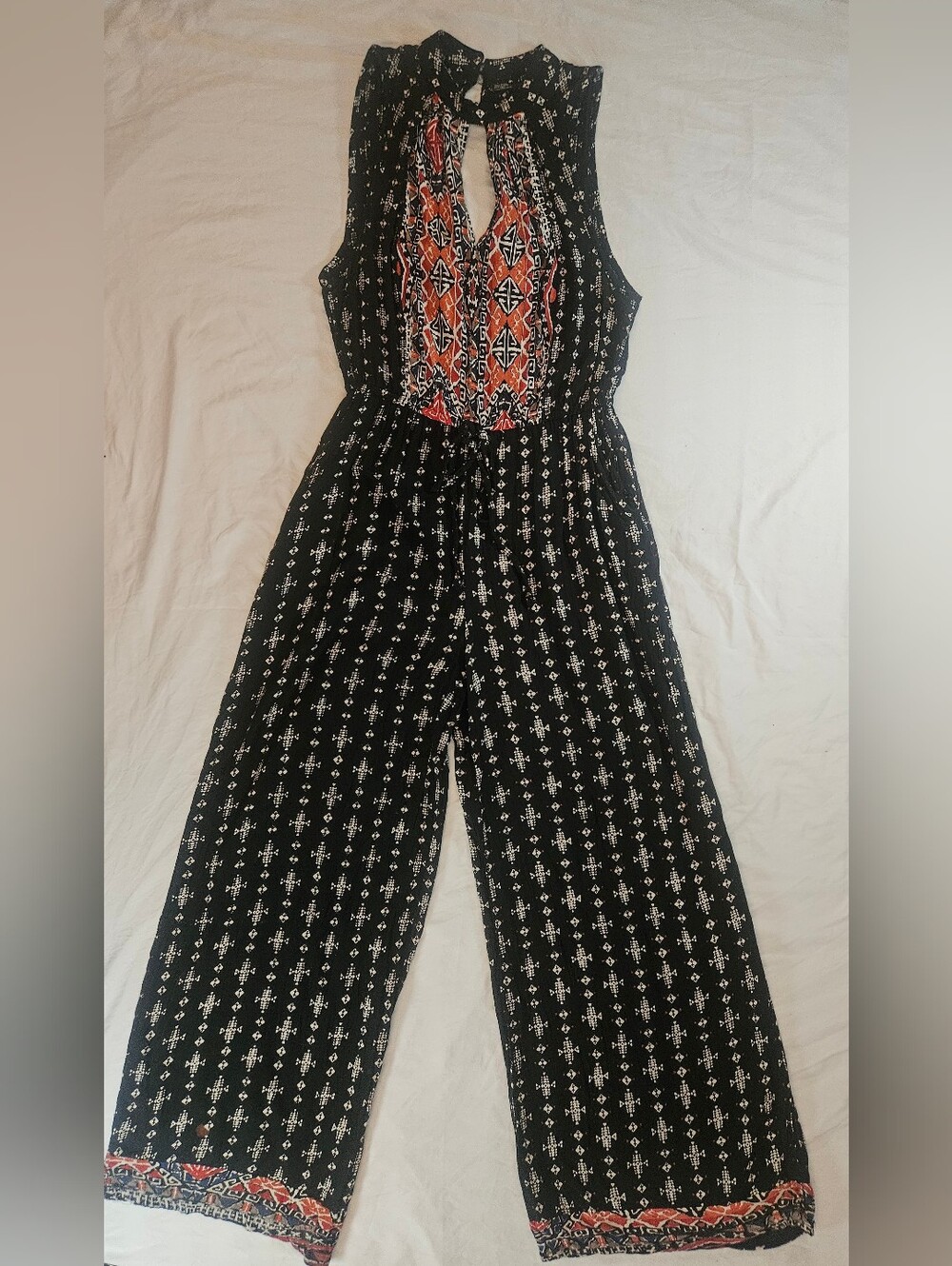 Angie Womens Black & Cream Geometric Sleeveless Wide Leg Pant Jumpsuit Size M